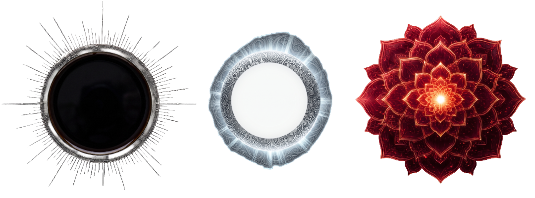 The three alchemical stages: Nigredo, Albedo, and Rubedo